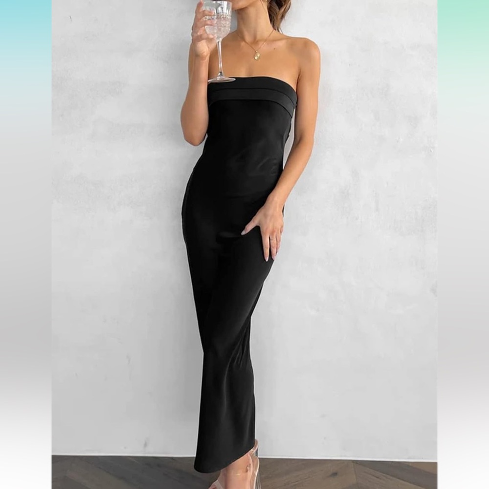 Realtix Satin Silk Backless Tube Tops Maxi Dress for Women Low Back Hollow Out